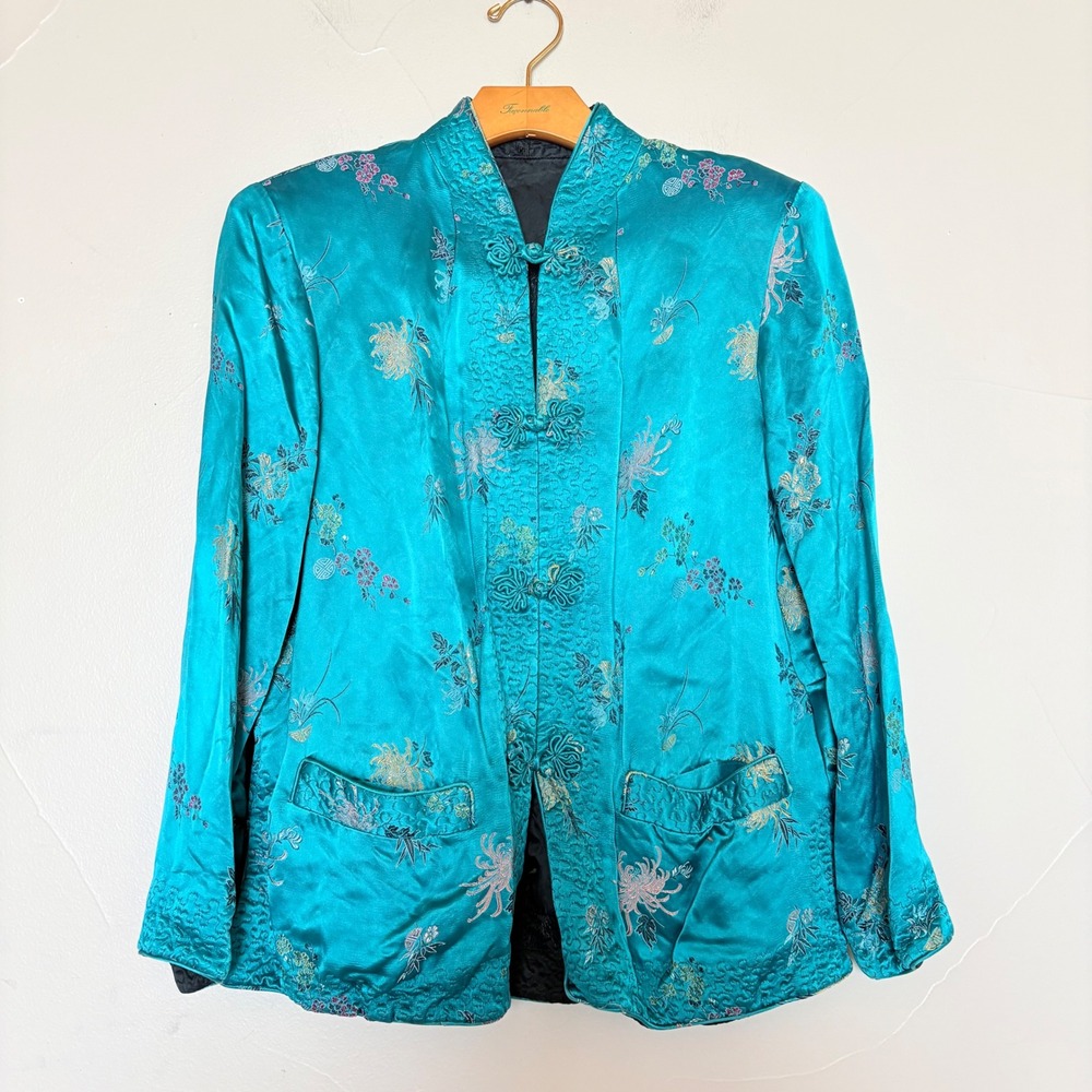 Vintage Reversible Satin Chinese Jacket Teal Black Embroidered Frog‎ Buttons - Picture 14 of 16